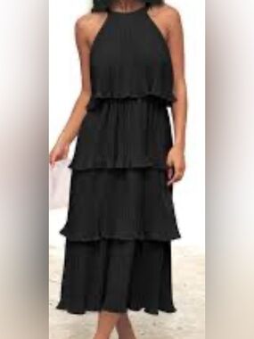 Elegant Black Tiered Midi Dress with Halter Neck